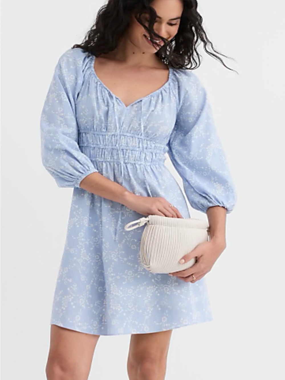 LOFT Light Blue Floral Long-Sleeve Mini Dress